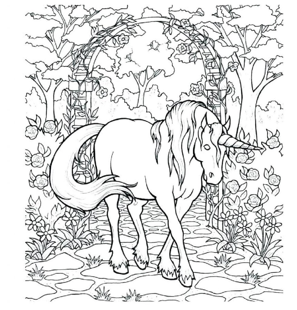 Enhörning i trädgård, målarbild