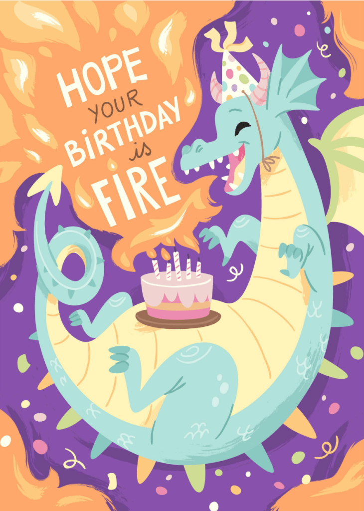 Fantasy födelsedagskort med en drake som blåser ut födelsedagsljus, perfekt för gratis utskrift och anpassning.