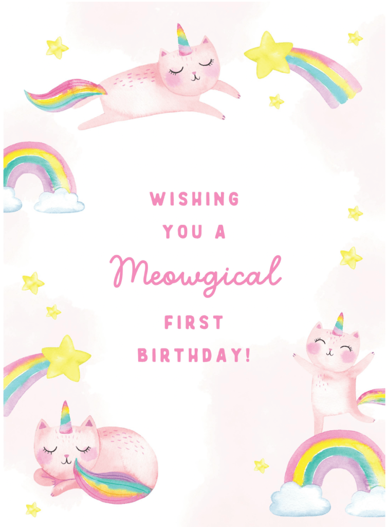 Födelsedagskort med en söt enhörning-katt och regnbåge, perfekt för enhörningsälskare. Ett lekfullt och magiskt gratulationskort för alla åldrar.