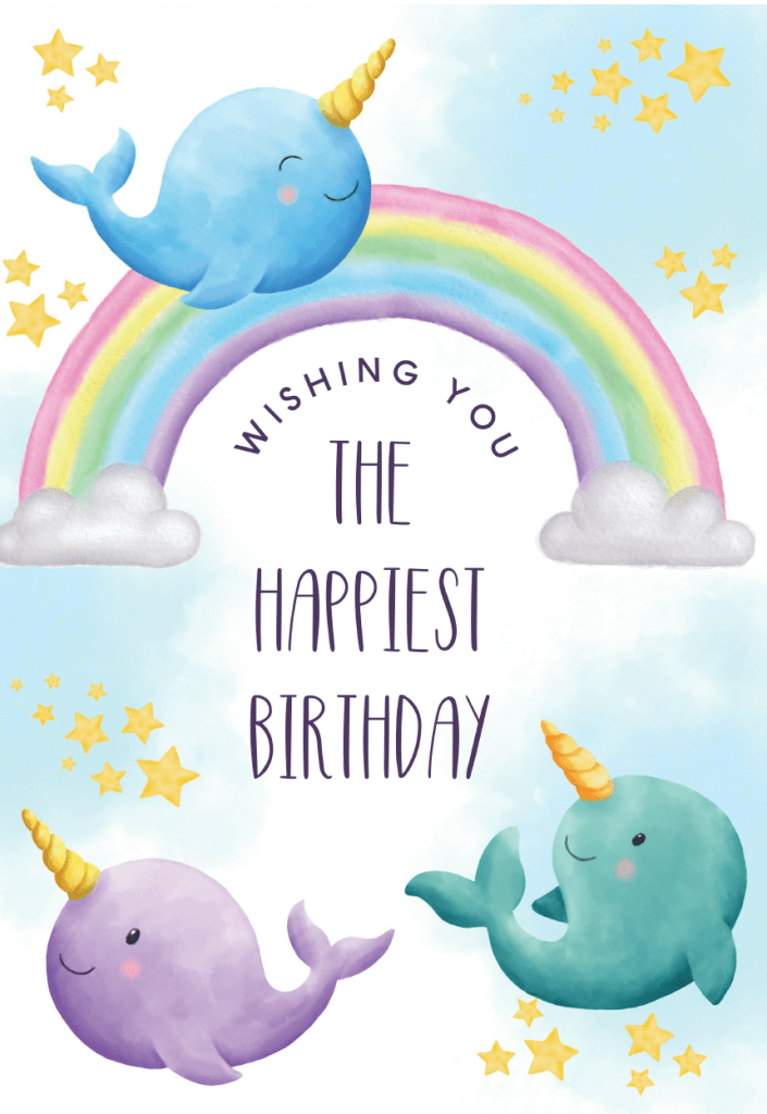 Vackert födelsedagskort med en stilren akvarellmålning av en narval, perfekt för eleganta och unika firanden. Ett gratulationskort som passar för alla åldrar och högtidliga tillfällen.