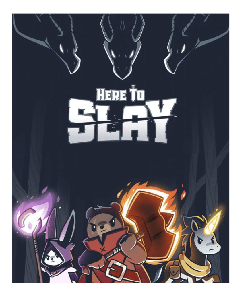Framsidan på spelboxen Here to Slay med karaktärer redo för strid.