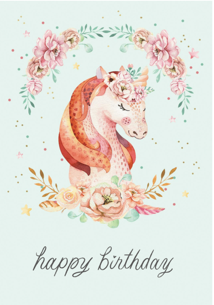 Födelsedagskort med enhörning omgiven av blommor, ett vackert och magiskt gratulationskort för utskrift och anpassning.